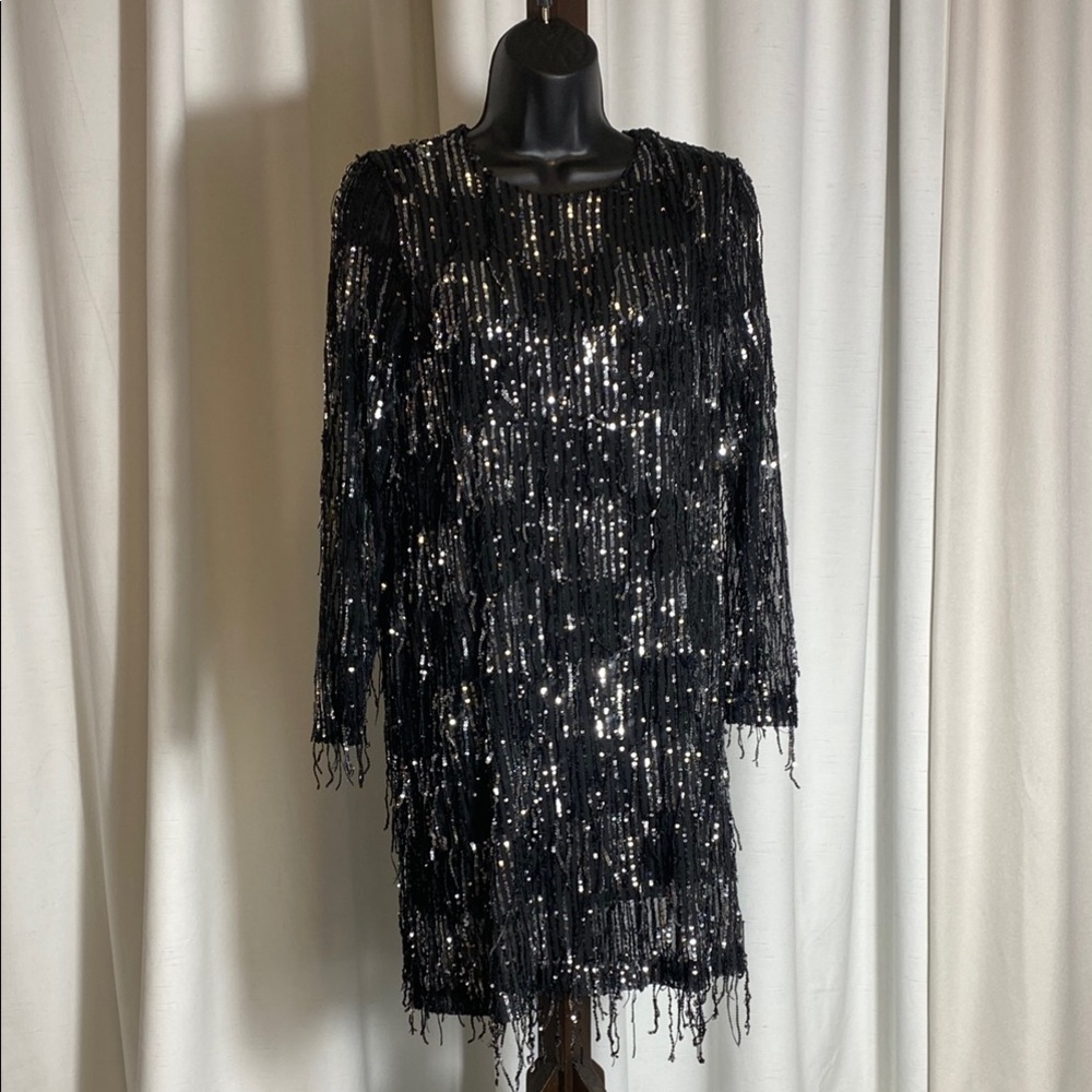 ZARA NWT WOMAN FRINGED SEQUIN MINI SHIFT DRESS BLACK - Picture 5 of 14